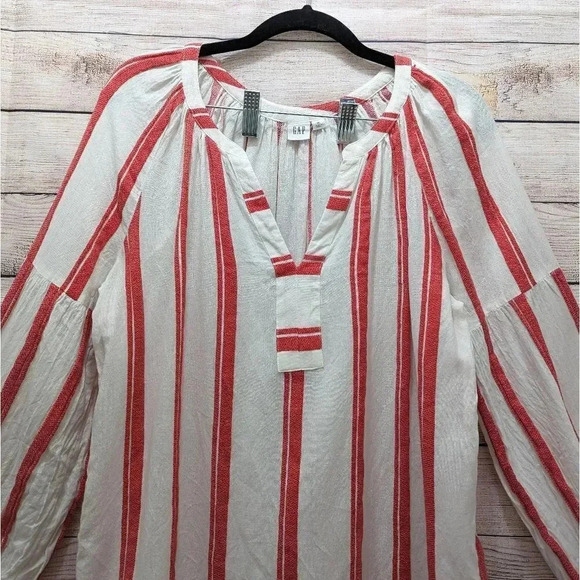 Gap Women's Size M Split Neck Blouse Frame Zen Red Stripe Beige Long Sleeve Top. - Picture 2 of 10